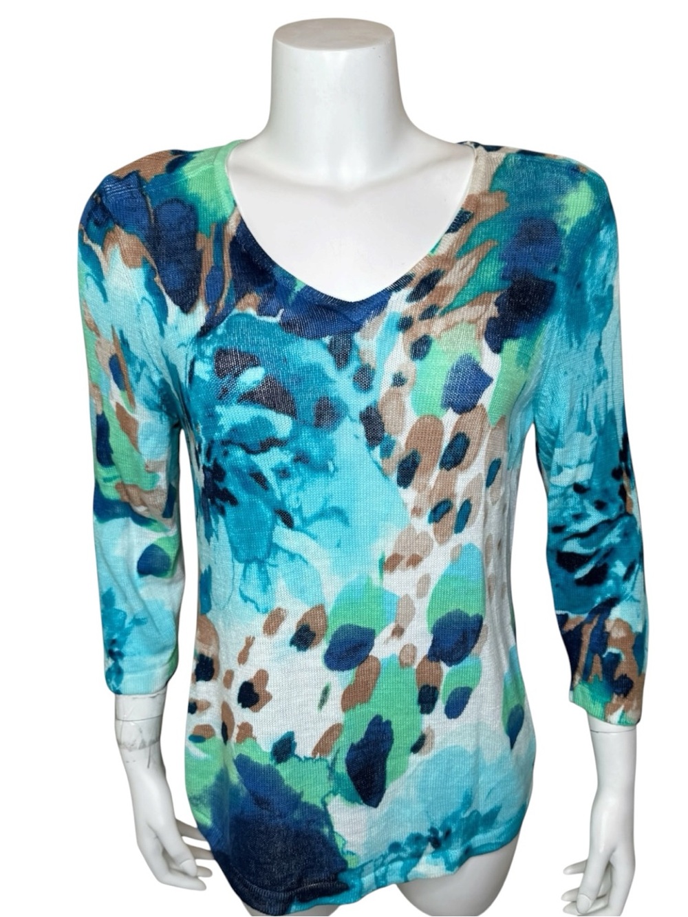 Chico’s Floral Knit V-neck Top Sweater Sz 1 Medium Pullover 3/4 Sleeve Blue Aqua